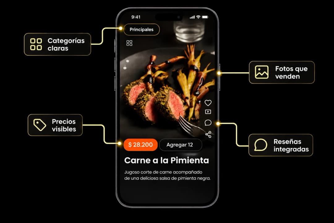 Vista de LaCarta en celular con categorías, precios, fotos y reseñas integradas